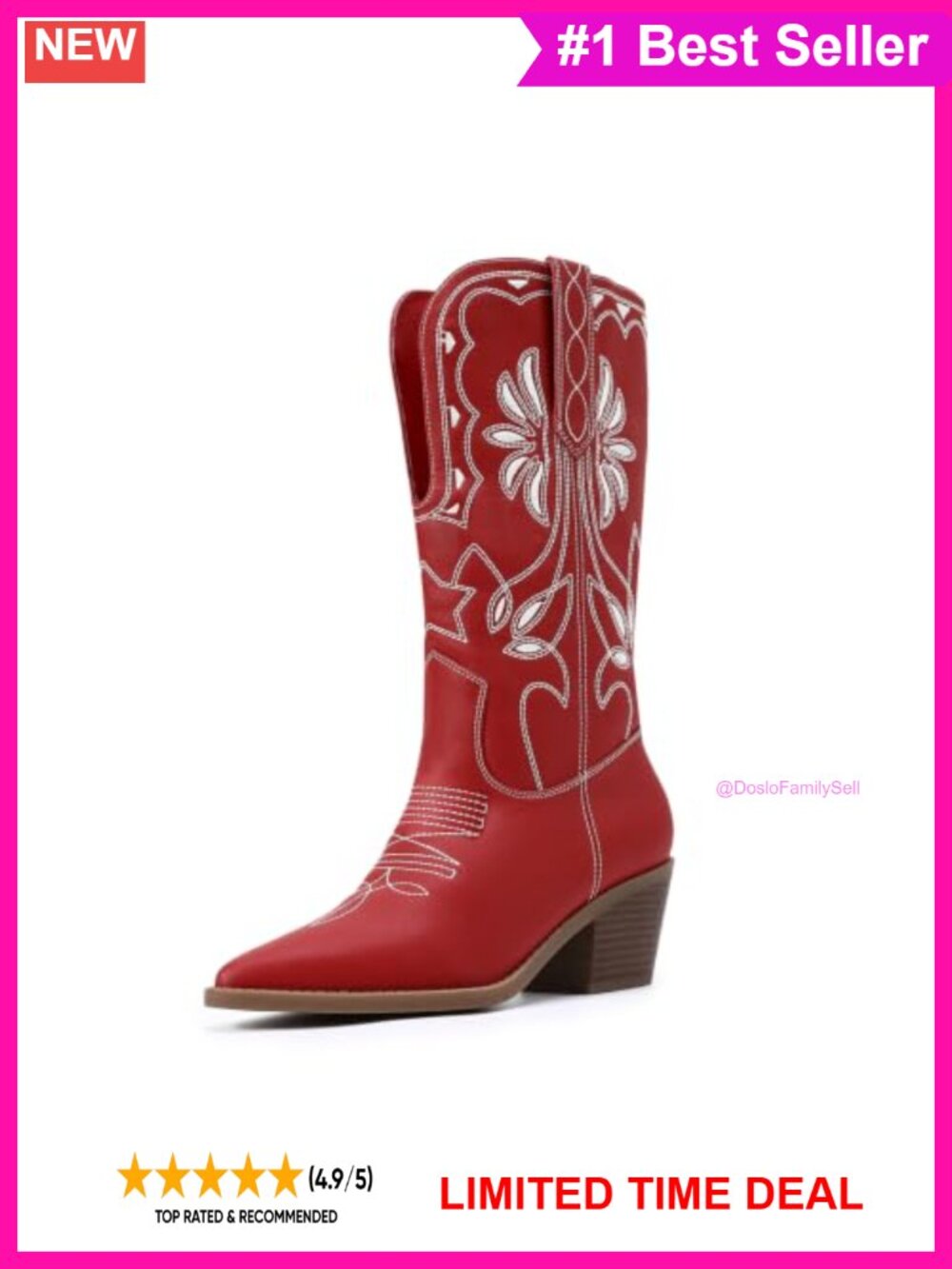 Women's Embroidered Western Cowboy Boots Pointed Toe Chunky Heel Pull On Mid
